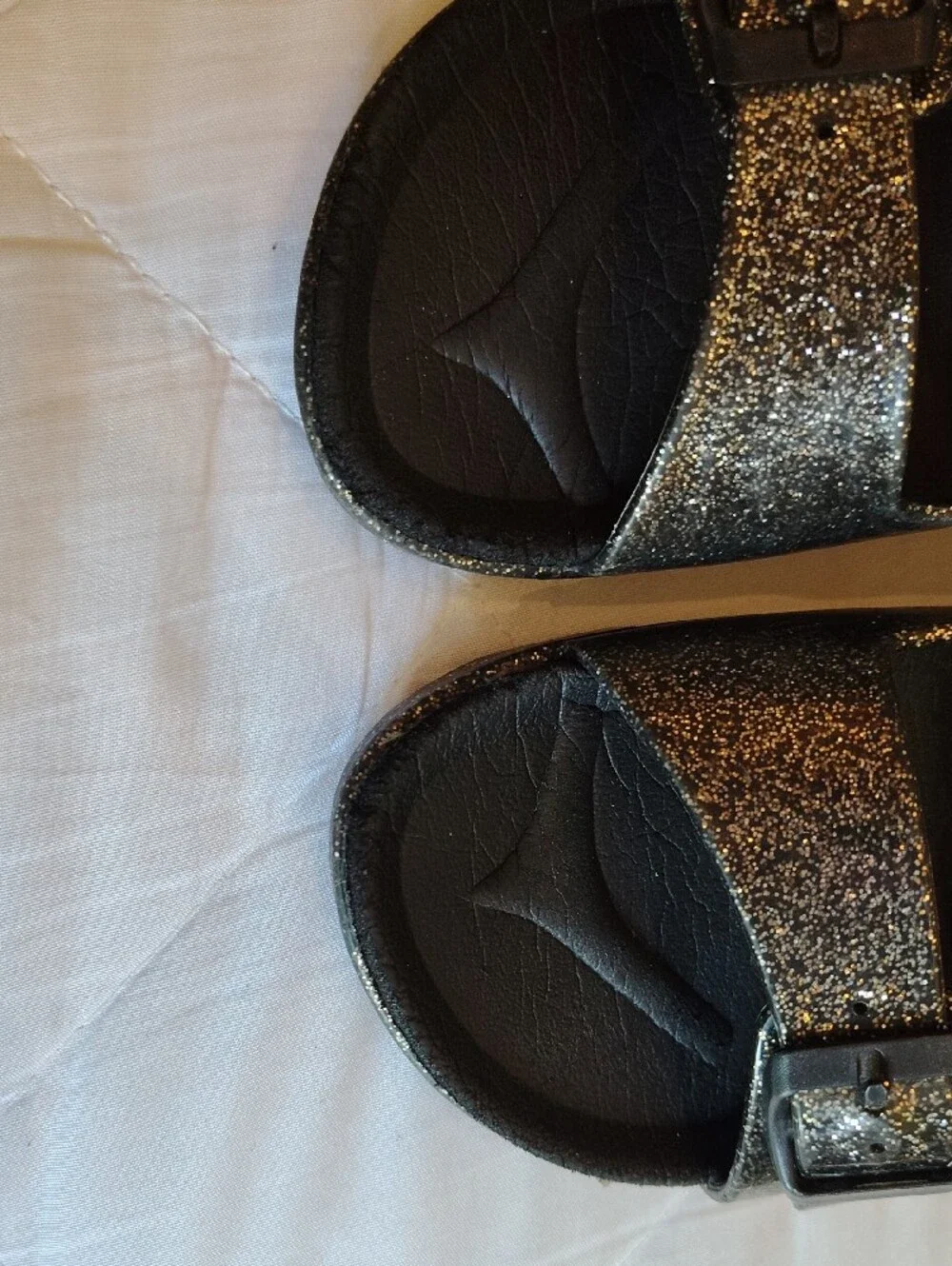 Kids Glitter Double-Buckle Slide Sandals - Black